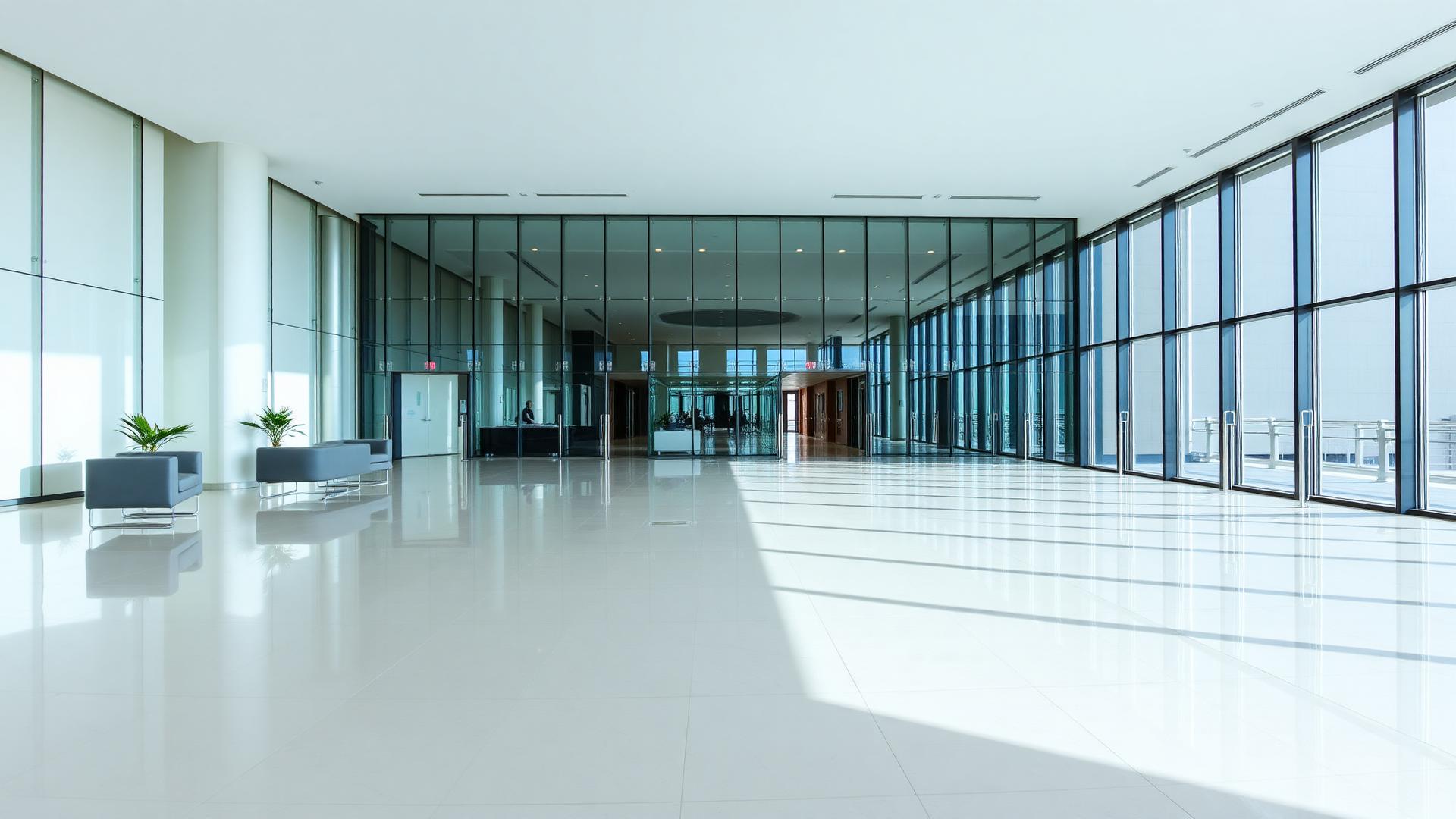 Bright, spotless commercial building lobby with polished floors