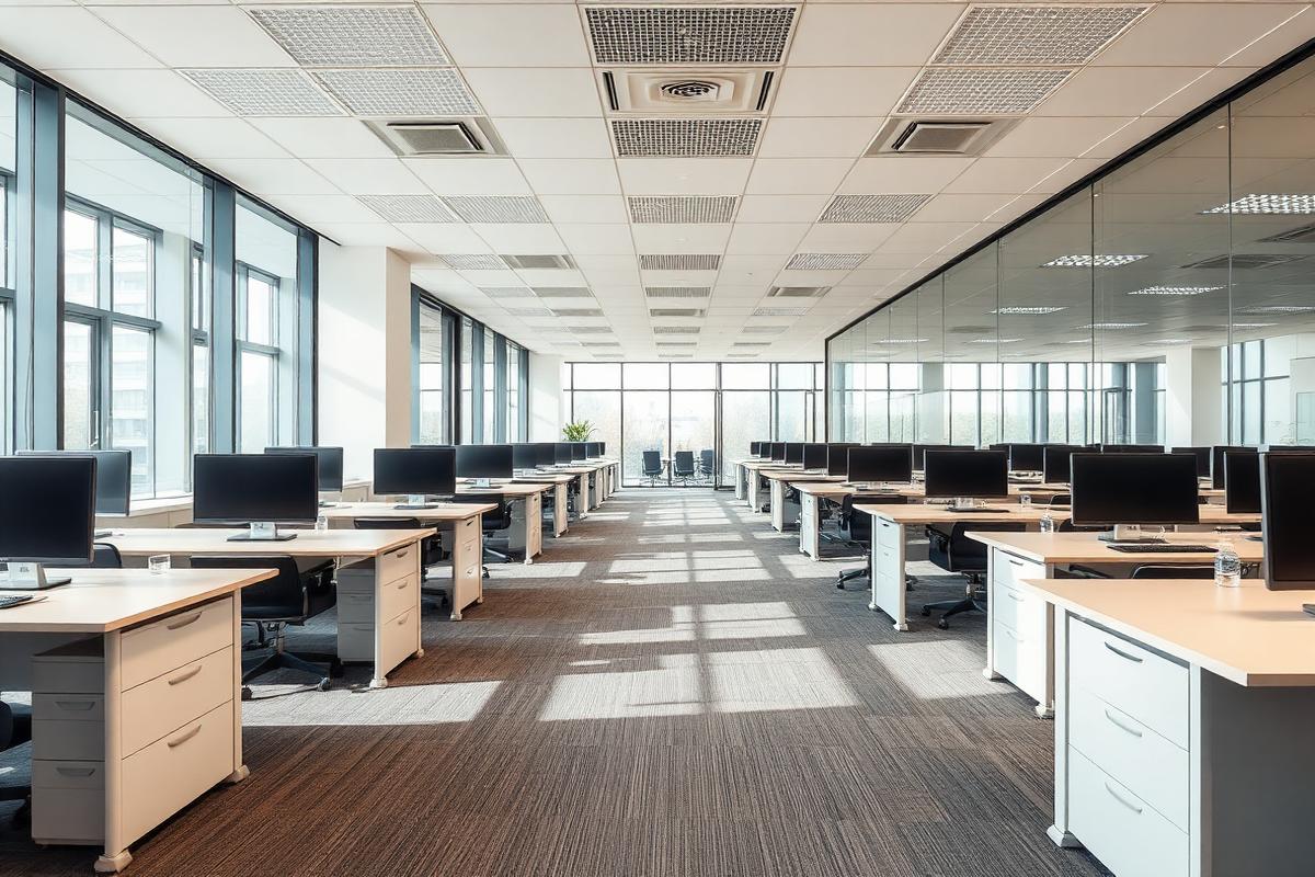 Clean modern open-plan office with tidy desks and glass meeting rooms
